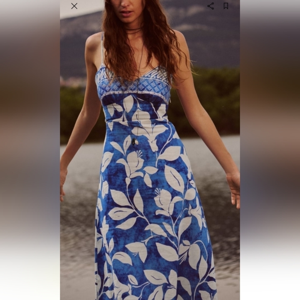 Gorgeous Summer Style ZARA Linen Midi Dress in Blue Hawaii Style Print